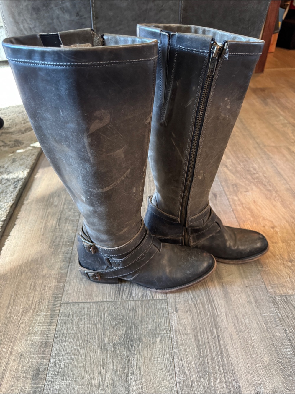 Freebird distressed Tall Dark Brown/Grey Leather Riding Boots with Side Zip